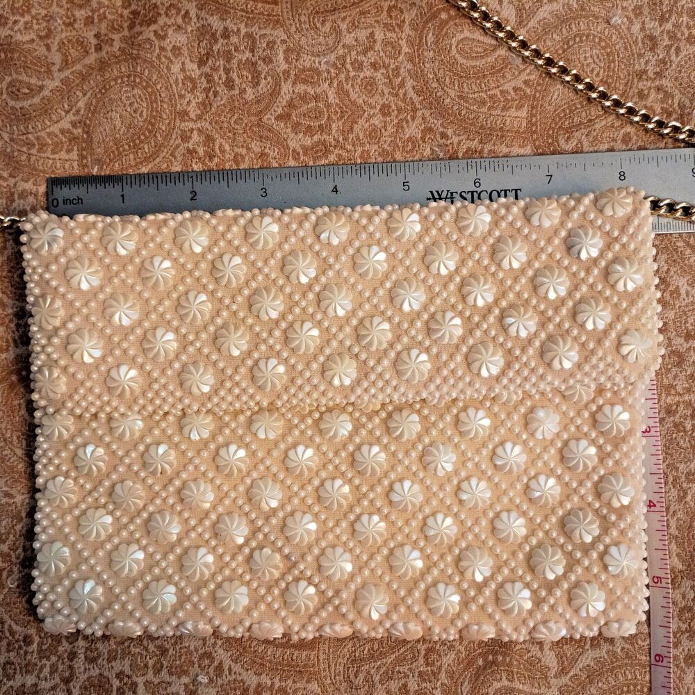 Vtg Hand Made in Hong Kong Beaded Pearl Clutch Evening Bag Floral Mid Century